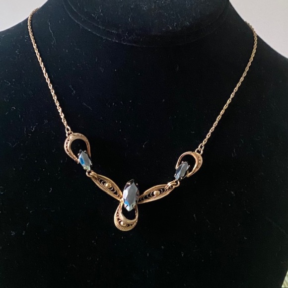 Gold Filled Signed TITAN Vintage Black Hematite Filigree Necklace, 16 inches - Picture 1 of 8